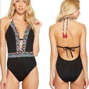 Plunge One-Piece Swimsuit with Tribal Trim - Black/Multi